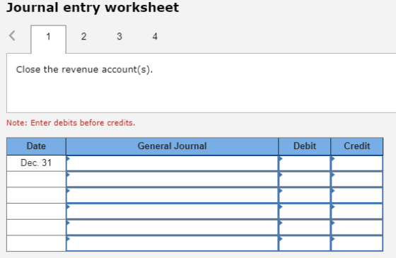 Journal entry worksheet 2 3 4 Close the revenue account(s). Note: Enter debits before credits. General Journal Debit Credit D