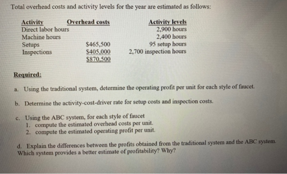 Total overhead costs and activity levels for the year are estimated as follows: Activity Overhead costs Direct labor hours Ma