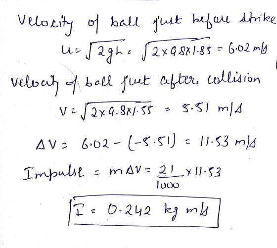 Velocity of ball just before strike u-ragna / 2 xq 8X1.85 = 6.02 m/s velocity of ball fiet efter collision VZ/2x9.887.55 - 5.