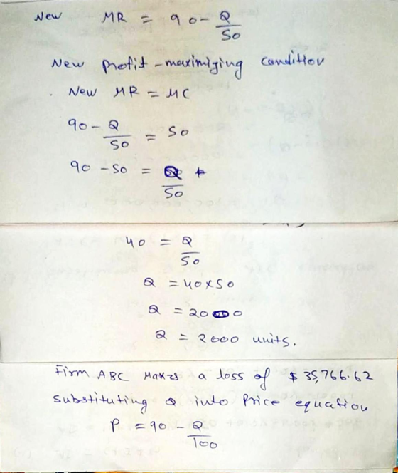 vew MR = 9 ora so Condition New New profit-maxiniging MR = mc 90-Q S . So 90 -so = Q + _ 40 = Q 5. Q = yoxso a = 2000 2 = 200