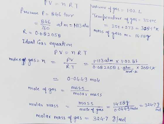 v=nR T volume of gas = 102 L Pressure P = 846 tory Temperature of gas= 35.100 = 846 atm = 1113 atm = 35.1 +973 = 30810K R = 0