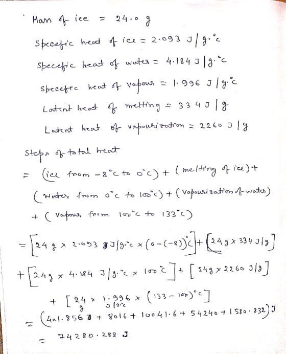Mass of ice = 24.0 g Specefic heat of ice = 2.093 J/gie Specefic heat of water = 4.184 319.c Specefie heat of vapous = 1.996