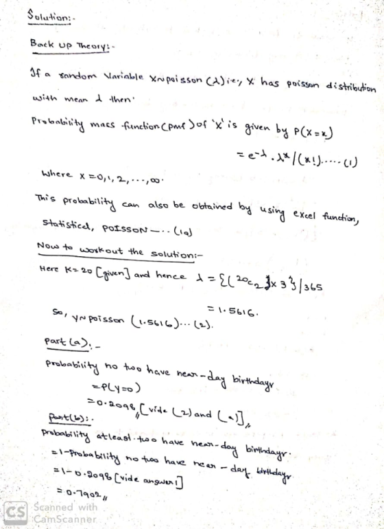Solutian Back up Theory:- Jf a sandom lariable Xnpoisson Ca)ie, X has poisson distribution hen with meor macs finctionCpme So