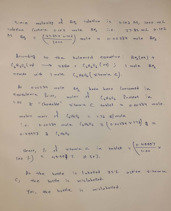Since Brz solution is 0.102 M, 1000 ml molanity Contain solution 0.102 mole BP₂ 27.85 mL 0.102 M 27.858 0.102 0.102) mole 0.0