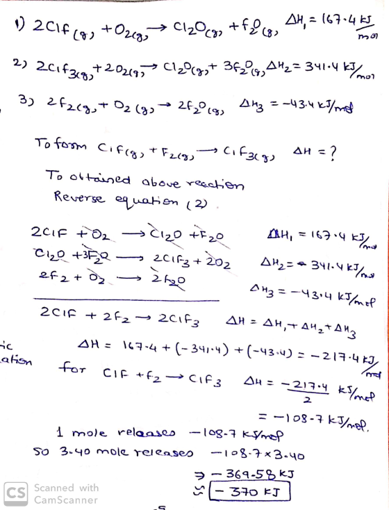 6) 2c1fcos +Oz69, > Cl2@cg+f?. 68, AH, = 167.4 hodin 2) 201fara +202190 C ₂8 (2, + 3626, AH₂=341-4 kJ/ Imol - 3) 2f2cg, + O2(