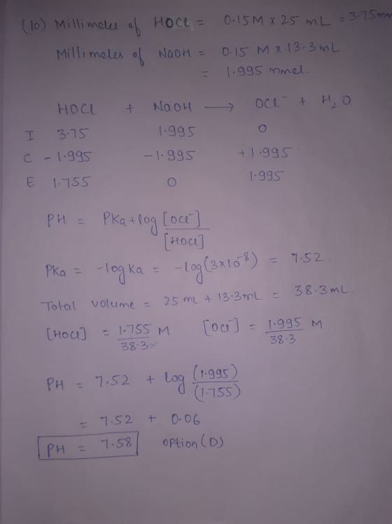 (10) Millimeter of Hoce = Millimeles of NaoH = = 0.15m x 25 mL = 3.75mm 0.15 MX 13.3 mL 1.995 mmel + - Hoce I 3.75 - 1.995 1.