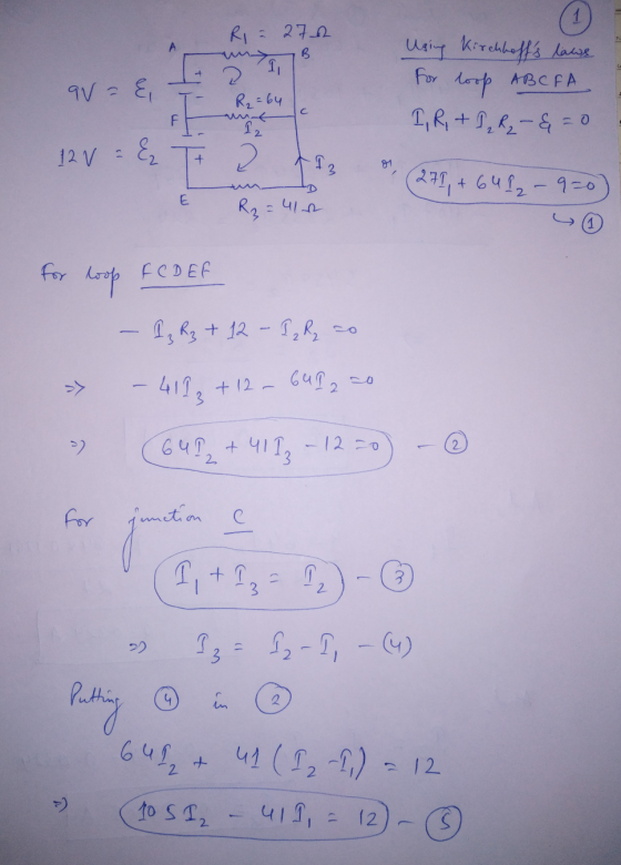 R = 272 % QV - E Using Kirchhoffs laws For loop ABC FA I, R, + J₂ R2 -&=0 R2=64 sy FH 12V - & (271, +64 22 - 920) E R₂ = 41