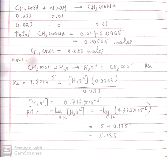 CH3COOH + NowH CH₃cOona 0.033 0.01 0.023 0 0.01 Total CH₂ Coona = 0.014 0.0465 = 0.0565 moles CH₂ Cool = 0.023 moles Now. - C