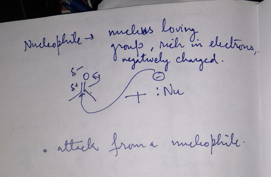 Nucleophule nuchids loving group, rich in electro grogatively charged. attack from a nucleophile.