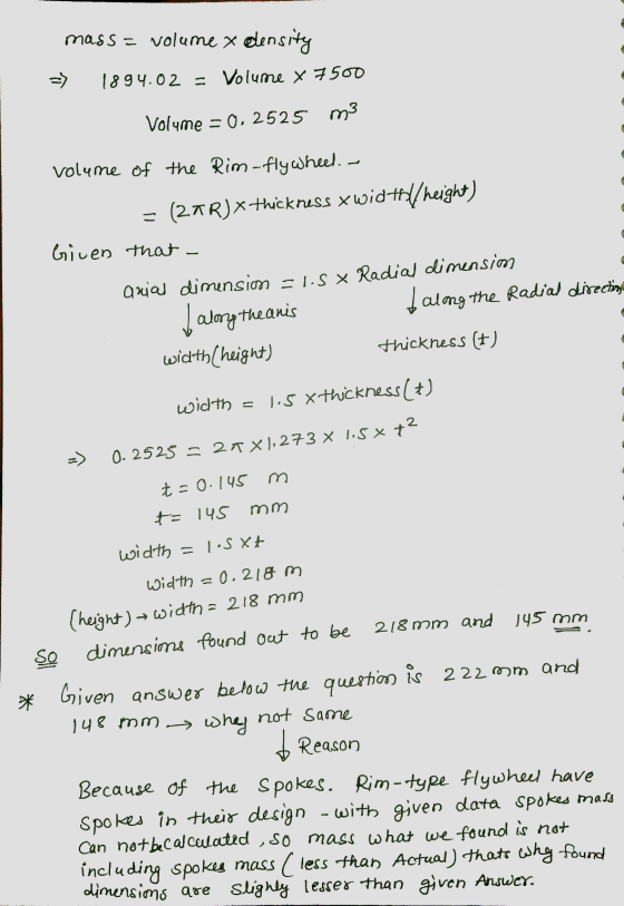 mass = volume x density =) 1894.02 = Volume x 7500 Volume = 0.2525 m3 volume of the Rim-flywheel. = (29R)x thickness x wid to