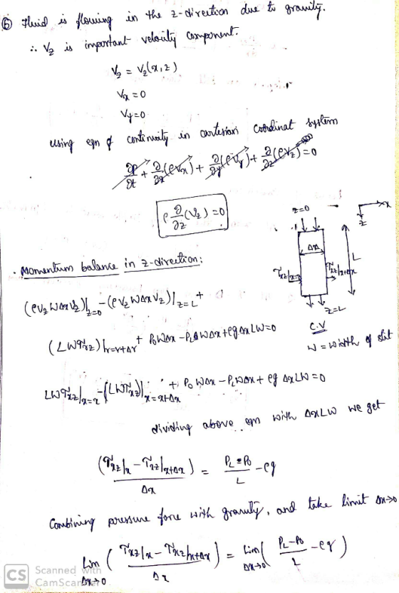 6 1 fluid is flowing in the 2-direction due to gravity. . Vz is important velocity component. V = Vol2,2). V =0 esing een of