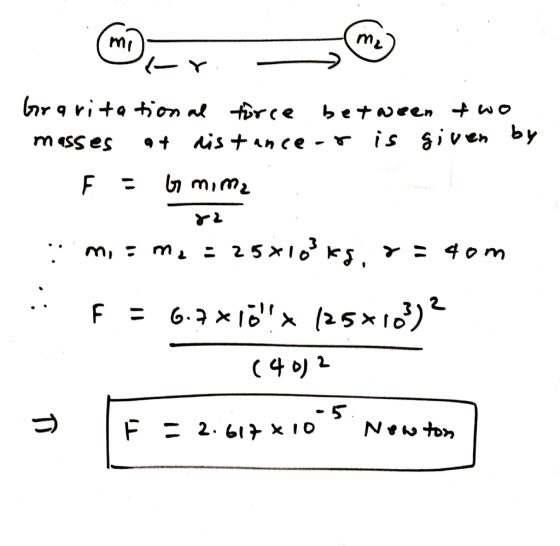 hrarita on nl force between wo is §iven by mess es is tance - r mim F- m, m : 25 x1o ks, >: 4 o m (4 )2 -5 2.6> x 10 Newton F