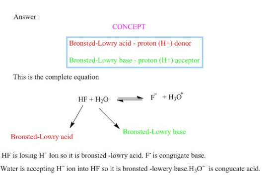 Answer: CONCEPT Bronsted-Lowry acid - proton (H+) donor Bronsted-Lowry base - proton (H+) acceptor This is the complete equat