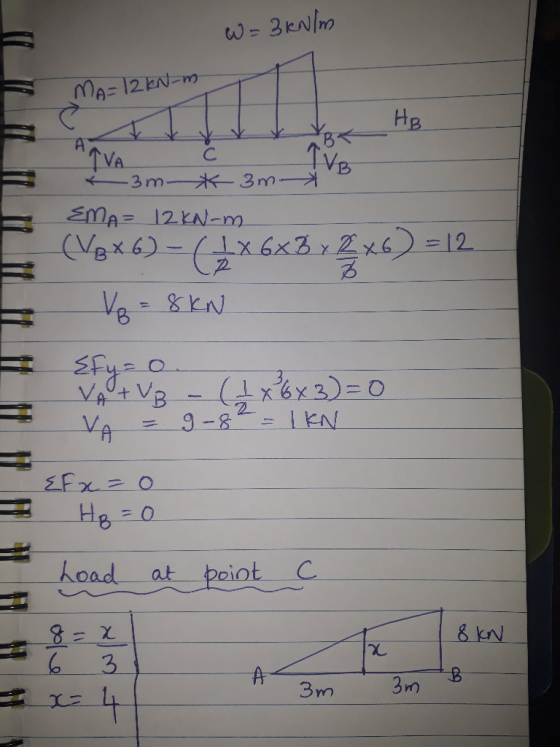 W = 3 kN/m 12 kN-m 3m * 3m-* EMA= 12 kN-m (VBx6) (1 Vp = 8kN {fy=o. VA + VB (1x6x3)=0 VA = 9-8 = 1 KN. EF x=0 Hq = 0 Load at