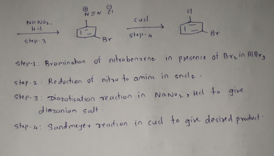NEN & cuch NaNO2, Hul step-4 Br step. 3 - Br step-1: Bromination of nitrobenzene in presence of Bra in Al Bra step. 2: Reduct