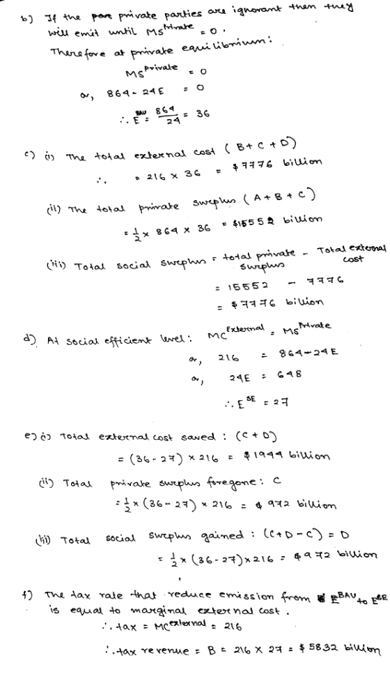aworam thm u* b he Pa* pm vate pares Thanafore ot Privale MS 2 e) cr, The total exter nal cost 2 cost Toal Private External 864-29 E 216 e (36-2) x 216 1944 biui on fi^egne surpw gained :(C+D-С (iii) Total socia 4) Tha Aax vale veau e emission from臧EBAV4otte.