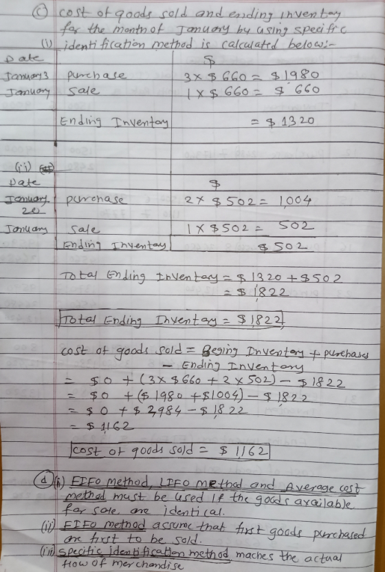 © cost of goods sold and ending inventary for the month of January by using specific identification method is calculated belo