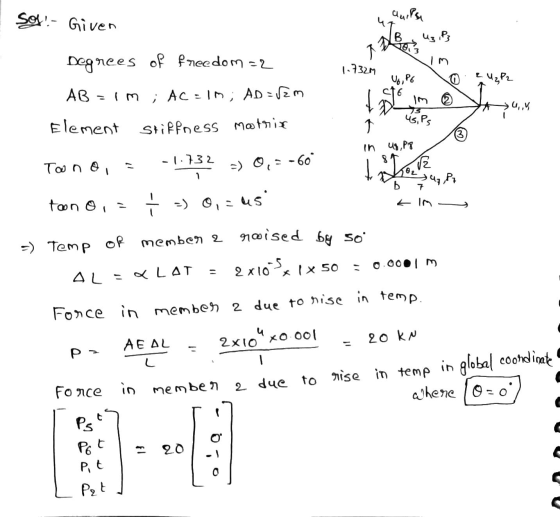 Sos. Given UzP3 A Degrees of freedom = 2 1.732m 2 V6, P6 Ч.Р. AB - Im ; ACEIM; AD=v2m - im »u, Us, Ps Element Stiffness matr