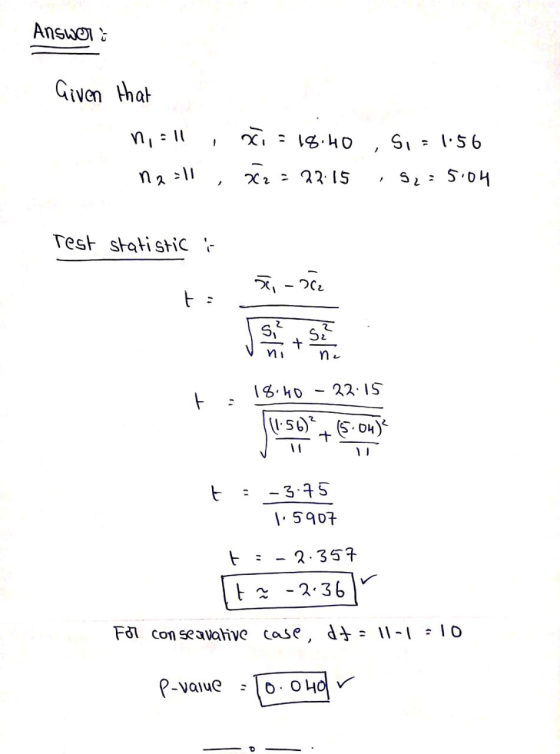 Answer: Given that ni :11 oči = 18.40 Si = 1.56 n2 = 11 72 - 22:15 5₂5.04 Test statistic - ,- 262 S S2 n. n 18.40 -22:15 F (1