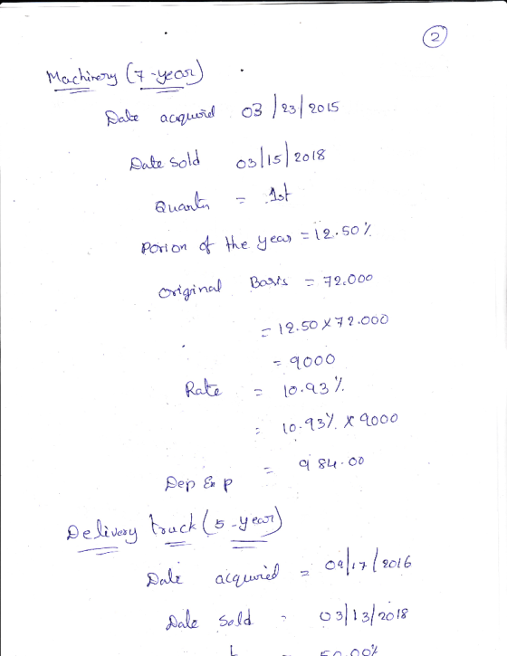 Machinery (7-year) Sabe acquiel 03 ) 23/2015 Date sold 03/15/2018 Quarter - 1st Porion of the year = 12.50% original Baris =