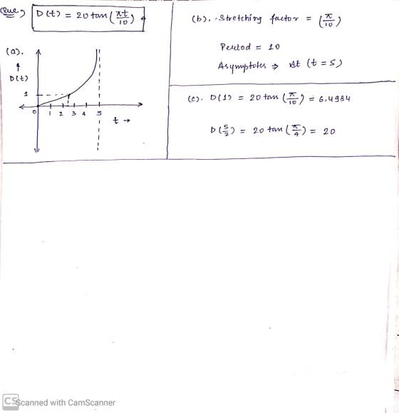 Quey Dlt) = 20 tani (at) טו (6), -Stretching factor = ID Period = 10 (a), 4 Asymptotes → It (t =5) DIE) 1 (0). D119 = 20 tem