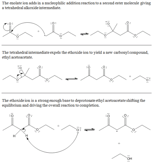 The enolate ion adds in a nucleophilic addition reaction to a second ester molecule giving a tetrahedral alkoxide intermediat