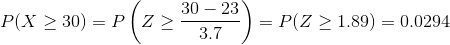 P(X\geq 30) =P\left (Z\geq {30-23\over 3.7}\right) =P(Z\geq 1.89)=0.0294