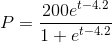 P = \frac{200e^{t - 4.2}}{1 + e^{t - 4.2}}