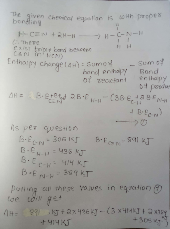The given chemical eqpafion is oHh prope bonding 14 HICUN +H-H H-C-N-H CThere H H exist toipie band beluoeen CSN in HeN) Sum