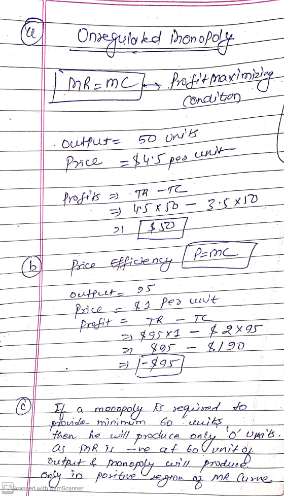 a Onsegulokel in enopoly MR = m Profit maximizing concution - - Condition Output= 50 units Price = $45 peo unit profits a TR