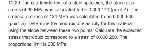 10.20 During a tensile test of a steel specimen, the strain at a stress of 35 MPa was calculated to be 0.000 170 (point A). T