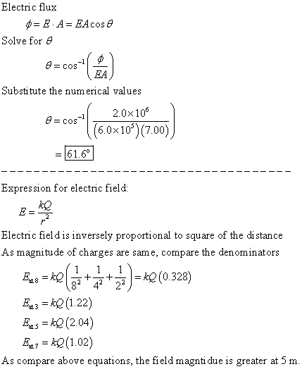 Electric flux = E A= EAcos e Solve for a D=cos Substitute the numerical values 2.0x100 = cos-/ (6.0x10*)(7.00) = 61.6° Expres