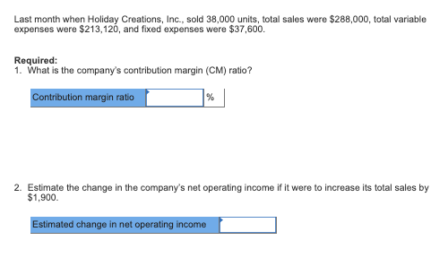 Last month when Holiday Creations, Inc., sold 38,000 units, total sales were $288,000, total variable expenses were $213,120,
