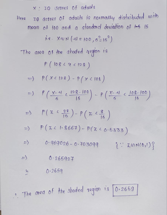 Here X : IQ scores of adults TQ scores of adults is normally distributed with mean of 100 and a standard deviation of fonts 1