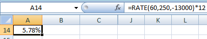 А14 f =RATE(60,250,-13000)*12 J K L B C 14 | 5.78%|