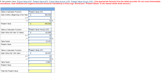 3. Net present value. (Future Value of $1. Present Value of $1 Future Value Annuity f $1 Present Value Annuity of $1. Use appropriate factor s from the tables provided. Do not round intermediate calculations. Cash Outflows and negative amounts should be indicated by a minus sign. Round your Present Values to the nearest whole dollar amount.) Table or Calculator Function resent Value of $1 Cash Outflow (Beginning of the Year) 840,000 14 % Present Value 840,000 Table or Calculator Function resent Value Annuity of $1 Cash Infiow (for Next 10 Years) 142.560 10 141% Table Factor 5.2161 Present Value Table or Calculator Function Present Value of $1 Cash Infiow (for 10th Year) 120,000 10 i= Table Factor 0.2697 Present Value Total Net Present Value