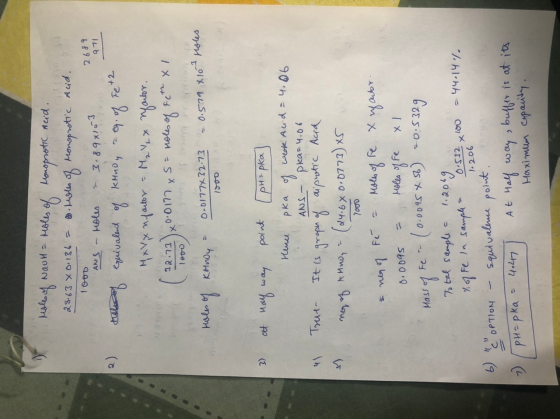 28-43 x 134 = 2 63 91/ ANS Holes 2) Fe +2 4 маои - ци, moles of consprotic meid. & hals of Monoprotic Acid. 389xo 3 Kalib kva