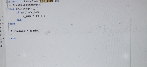 function fistplace for loopgr) x_firstplacemax (gr); for i=1:length (gr) if gr(i)<x_min x_min - gr (i): end -end NOWU fistpla