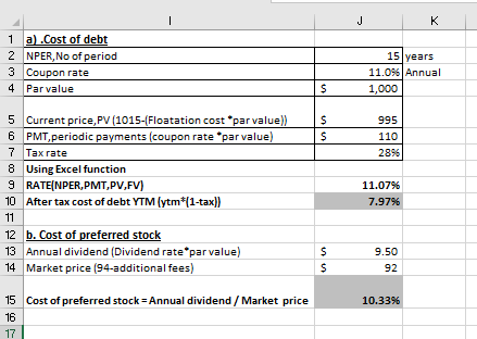 - J K 1 a.Cost of debt 2 NPER, No of period 3 Coupon rate 4 Par value 15 years 11.09 Annual 1,000 $ $ $ 995 110 2896 5 Curren