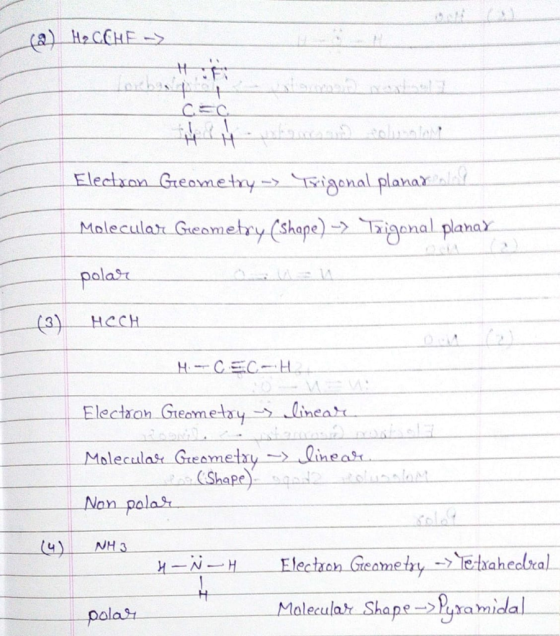 ca) HaCCHE> +0-1 Election Geometry -> Trigonal plana nay Molecular Geometry (Shape) -Taigonal planax polare (3) HOCH H.-CEC-H
