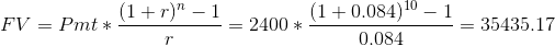 FV = Pmt (1+r)-1 2.00 (1 + 0.084)10 - 1 0.084 = 35435.17