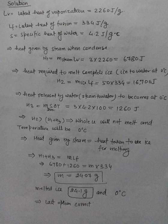 Solution of lf=Latent heat s= specific heat Lv= latent heat of vaporization = 2260J/g. fusion 34J/g water = of wat 4.25/g.c =