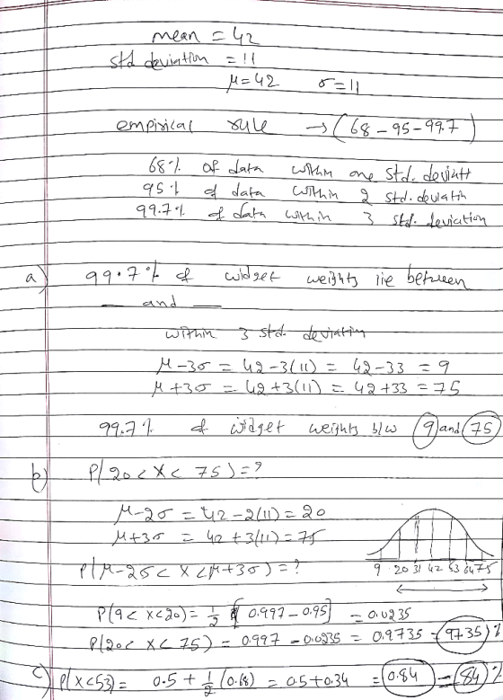 42 s devintm mean c =42 empiica 95-99 of Jat one Stl. dovjut std duaH 1. So d data Stdlaiatin t.bb dnd wei3tt lie beheen with