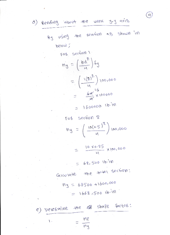 d) Bending about the week yay axis using the belation as shown in below; For section 1 = (1072) 100,000 - 1600000 16. in For