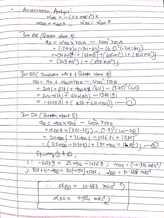 - Acceleration Analyny: - LAB = (2-4 rod/59k 480 = Look LDE = LOEK Bar AB (Potatch about A) » OQ = QAR X YOLA - WAZ MRLA- - =