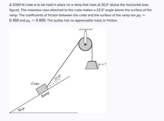 A 2000-N crate is to be held in place on a ramp that rises at 30.0° above the horizontal (see figure). The massless rope atta