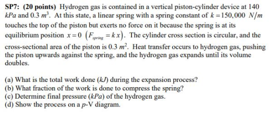 SP7: (20 points) Hydrogen gas is contained in a vertical piston-cylinder device at 140 kPa and 0.3 mº. At this state, a linea
