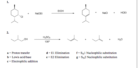 EIOH &... + NaOEt ..... + NaCl + HOE a hom H2SO4 har ivo 1.0 • но 130 a Proton transfer b Lewis acid/base c-Electrophilic add