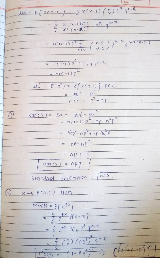 Date (X-1) (n-a -2-(0-2 n2 X-2 X-2 F(x)ExCx) ECx) nin-) p+np 2 Vas(X) = l2 = 2 nDpnp-np RR-AP OP CI-P Vars (x) कट्यी 5tandard