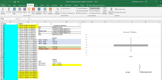 Copy of 5 boxplot outliersxlsx Exocl Pandiarajan Prabhu File Hoe sert Page Layuul Data Revier View Developer Help Pswer Pivut Aialysis Prabbu Tell me wuat yexu want to do Shar Trace Precedents ow Termulas Trace DependensEur Use in Formula nor CheckinyW Celculstion ECalralatr Sheet Insell Aulosuni Renerliyrinarcial Luy.Lal Text Dal쓴& Luukup & Math & More Narlie Tnig- FuncticnsManagerCreate frcn Selein eue Auws Defned Nerres Function Used -Time-ReterenceTrig unction Lbrary Cslulston 1 Data Numbers Summa MINIA2 A12D =QUARTILE($A32 SA$120, 1) ORIAS SD$24 A5*fDS23) Median (02 QUARTILE($AS2 $120.2 Box-and - Whisker EMAXIA2.A120) :OR(Aİp>SD$24,A10 D 23) Box 1 Hidden ORIA11 SD$24,A11-D$23) Box2 lower OR(A12 SD$24,A12 0$23 Bax3-upper 13 3H OR A14:-SD$24,A14 30$23) Whiser To ORIA15 SD$24,A15 0$23) Whisker B 14 37 17 39 ORIA17 SD$24,A17 $0520) ORIA18 SD$24,A18-0$23) -OR(A19PSD$24,A19-$0$23) 19 40 Booplct 21 41 22·4 23 41 24 42 ORIA21- SD$24,A21-0$23) OR A22 SD$24,A22-0$23) QR 4-(1 51122) OR(A25 SD$24,A25 $0523) 13 ORIA27 50$24 A27 $0523) ORIA28 SD$24,A28-30$23) -OR(A29 SD$24,A29-$0$23) std de =STDEVA(K24. K27) 29 58 31 67